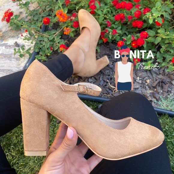 Vegan Suede Tan Mary Jane Pin Up Pumps Heels - Picture 2 of 5